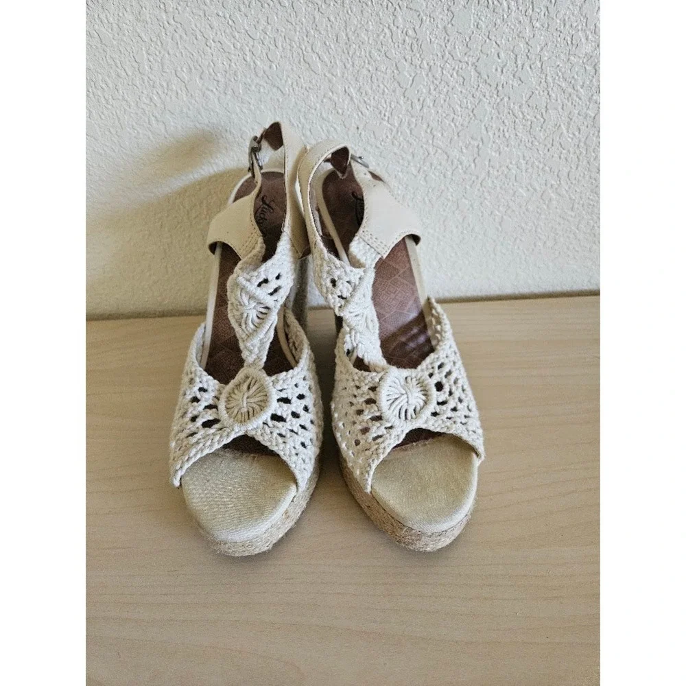 Lucky Brand Macrame Crochet Sandals Wedge Heels Cream Women Size 8 Boho